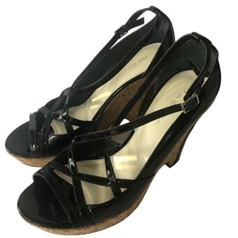 Via Spiga Black Patent Wedge Sandals Size 8.5